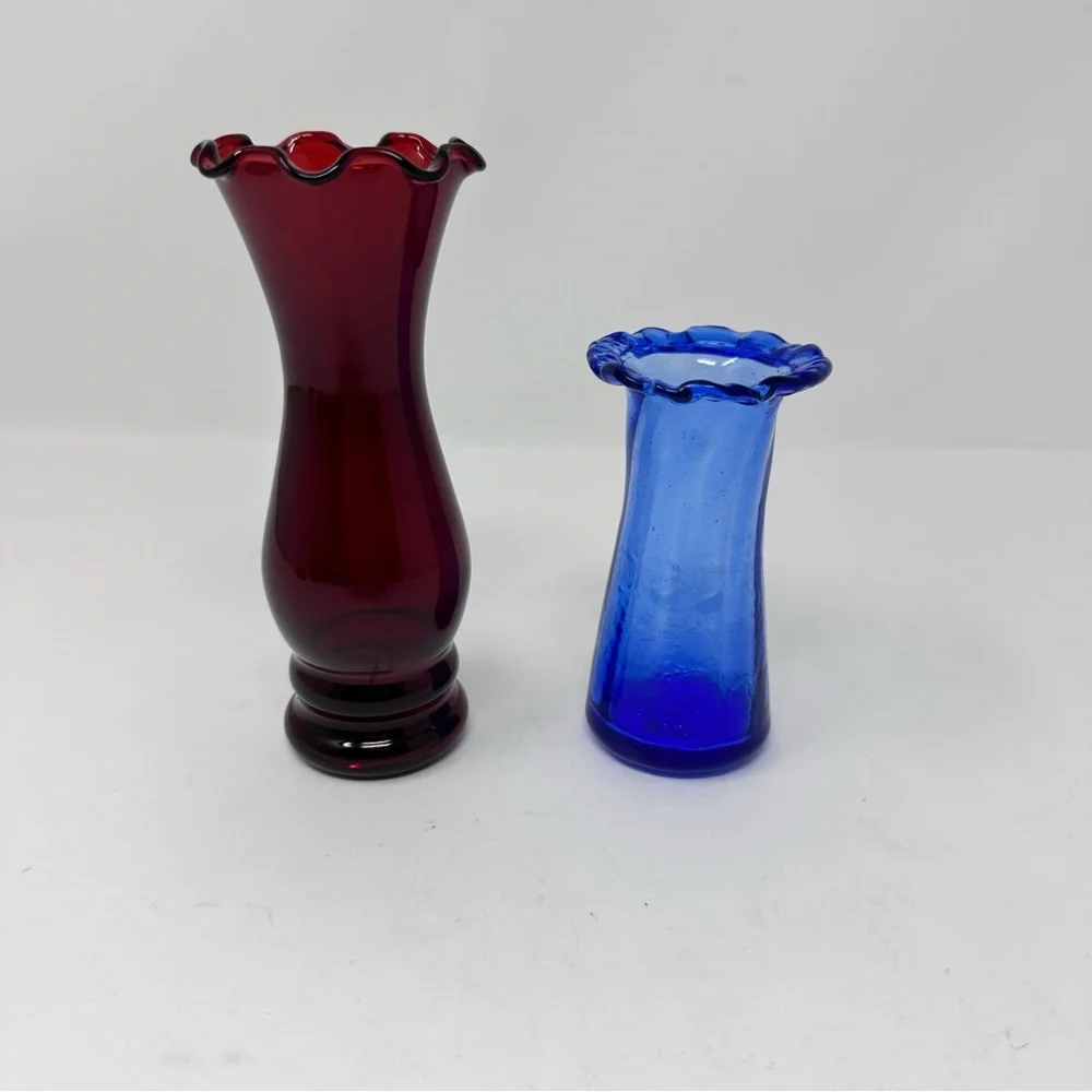Vintage Glass Bud Vases Anchor Hocking Royal Ruby Red & Cobalt Blue Ruffled Rim